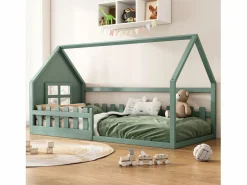 OKWISH Cama tipo cabaña de 90x200 cm, cama infantil con barandillas y somier de listones de madera - pino - (sin colchón)