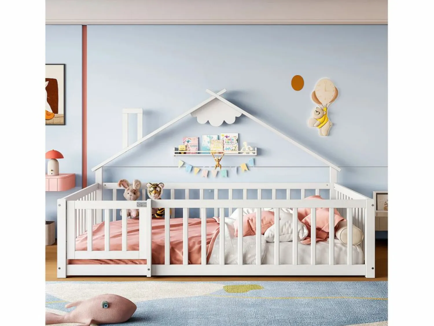 ModernLuxe Cama tipo casita infantil 140x190cm - con barreras de seguridad - madera maciza - blanca (sin colchón) Blanco