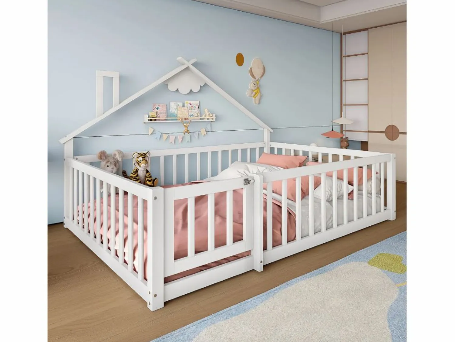ModernLuxe Cama tipo casita infantil 140x190cm - con barreras de seguridad - madera maciza - blanca (sin colchón) Blanco