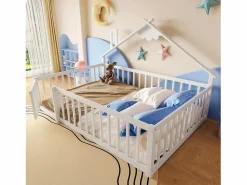 ModernLuxe Cama tipo casita infantil 140x190cm - con barreras de seguridad - madera maciza - blanca (sin colchón) Blanco