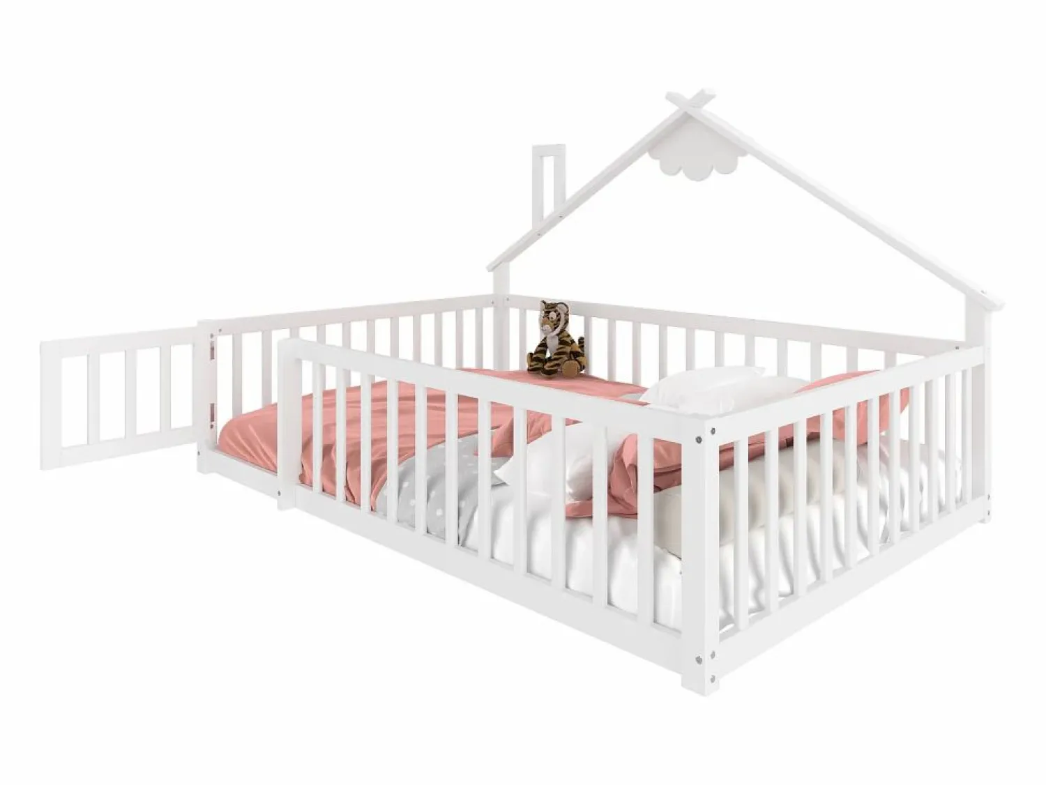 ModernLuxe Cama tipo casita infantil 140x190cm - con barreras de seguridad - madera maciza - blanca (sin colchón) Blanco