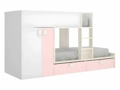 Vente-unique Cama tren armario e 2 x 90 x 190 cm blanco natural y rosa JUANITO