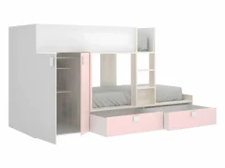 Vente-unique Cama tren armario e 2 x 90 x 190 cm blanco natural y rosa JUANITO
