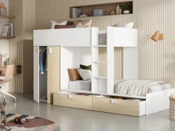 Clearance Cama tren armario e 2 x 90 x 190 cm blanco y natural JUANITO Cama Litera