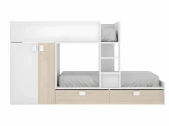 Vente-unique Cama tren con armario e 2 x 90 x 190 cm blanco y natural con colchón JUANITO