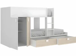 Vente-unique Cama tren con armario e 2 x 90 x 190 cm blanco y natural con colchón JUANITO