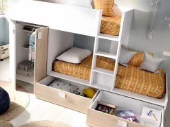Vente-unique Cama tren con armario e 2 x 90 x 190 cm blanco y natural con colchón JUANITO