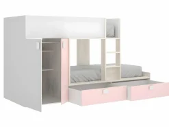 Clearance Vente-unique Cama tren con armario e 2 x 90 x 190 cm blanco natural y rosa con colchón JUANITO Rosa palo / Blanco