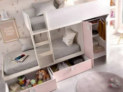 Clearance Vente-unique Cama tren con armario e 2 x 90 x 190 cm blanco natural y rosa con colchón JUANITO Rosa palo / Blanco