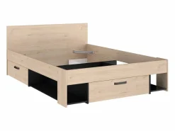 New Cama 140x190/200 cm con almacenamiento color natural y negro + somier + colchón - KINSELIA Cama Con Almacenaje|Cama Adulto