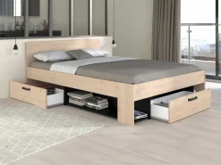 New Cama 140x190/200 cm con almacenamiento color natural y negro + somier + colchón - KINSELIA Cama Con Almacenaje|Cama Adulto