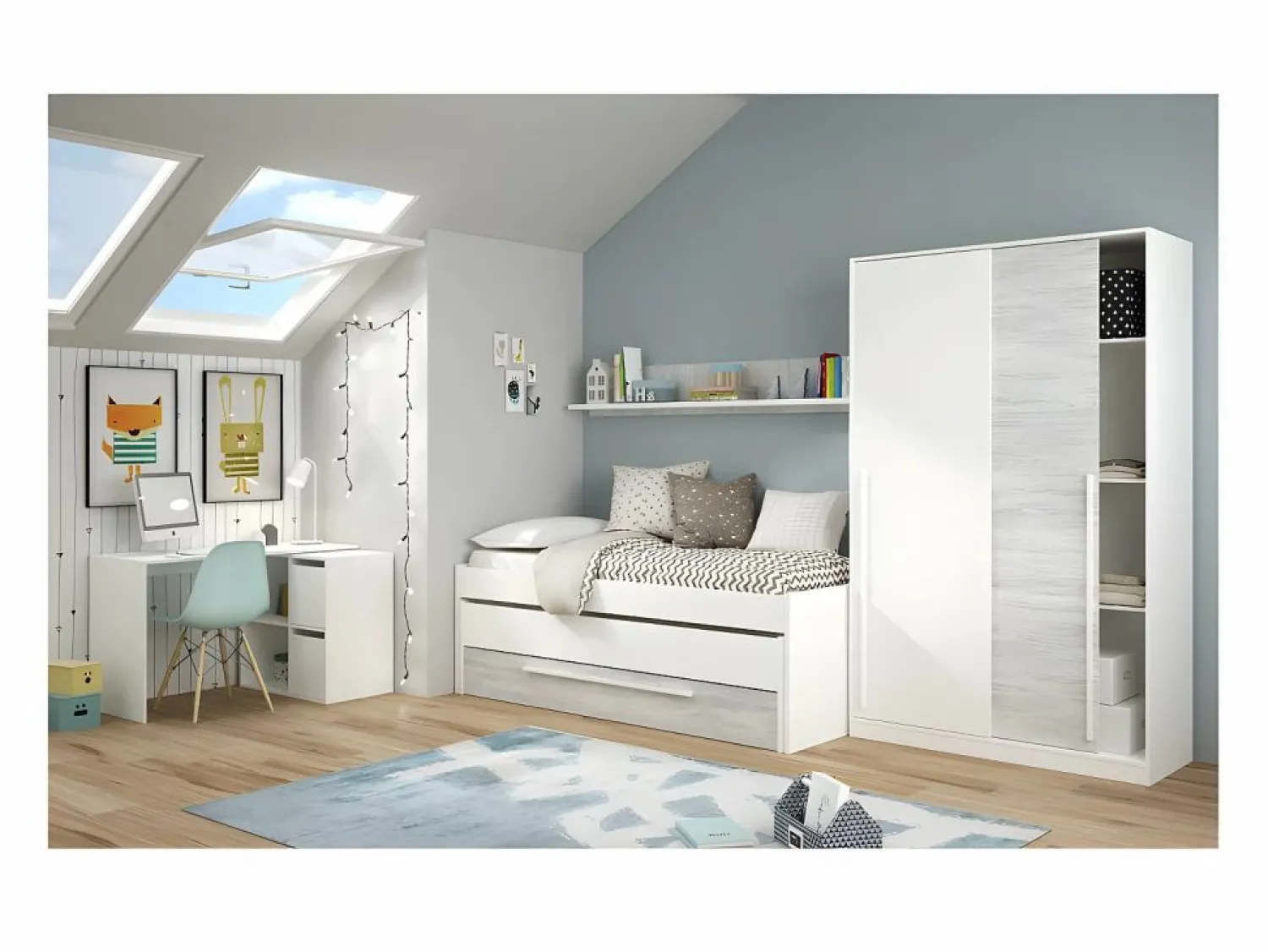 Best Cama y estante aglomerado + somieres y colchones 65x199x96cm Blanco