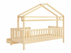 Outlet Cama-cabina de madera maciza - 90x200cm - con 2 cajones y estantes - Natural Cama Montessori