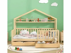 Outlet Cama-cabina de madera maciza - 90x200cm - con 2 cajones y estantes - Natural Cama Montessori