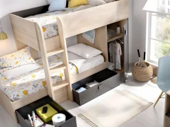 Clearance Camas tren modulares rinconeras compartimentos y colchón 2x90x190 cm roble y antracita RICARDO Cama Litera