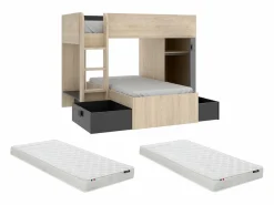 Clearance Camas tren modulares rinconeras compartimentos y colchón 2x90x190 cm roble y antracita RICARDO Cama Litera