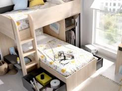Clearance Camas tren modulares rinconeras compartimentos y colchón 2x90x190 cm roble y antracita RICARDO Cama Litera