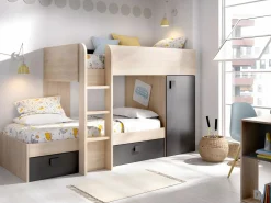 Vente-unique Camas tren modulares rinconeras con compartimentos 2x90x190 cm. roble y antracita. RICARDO