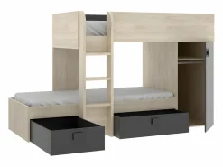 Vente-unique Camas tren modulares rinconeras con compartimentos 2x90x190 cm. roble y antracita. RICARDO