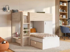 Vente-unique Camas tren modulares rinconeras con compartimentos 2x90x190 cm. roble y blanco. RICARDO