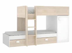 Vente-unique Camas tren modulares rinconeras con compartimentos 2x90x190 cm. roble y blanco. RICARDO