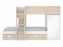 Vente-unique Camas tren modulares rinconeras con compartimentos 2x90x190 cm. roble y blanco. RICARDO