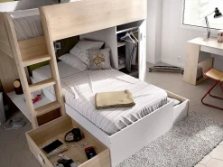Vente-unique Camas tren modulares rinconeras con compartimentos 2x90x190 cm. roble y blanco. RICARDO