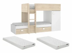 Sale Camas tren modulares rinconeras compartimentos y colchón 2x90x190 cm roble y blanco. RICARDO Cama Litera