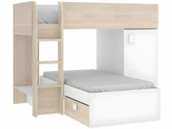 Sale Camas tren modulares rinconeras compartimentos y colchón 2x90x190 cm roble y blanco. RICARDO Cama Litera