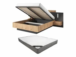 Clearance Canapé abatible con mesitas de noche queen size 160 x 200 cm con LEDs natural y antracita + colchón - FRANCOLI Cama Con Canapé|Cama Con Almacenaje
