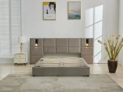 Vente-unique Canapé abatible de 180 x 200 cm con cabecero y lámpara de terciopelo + colchón - SARETO