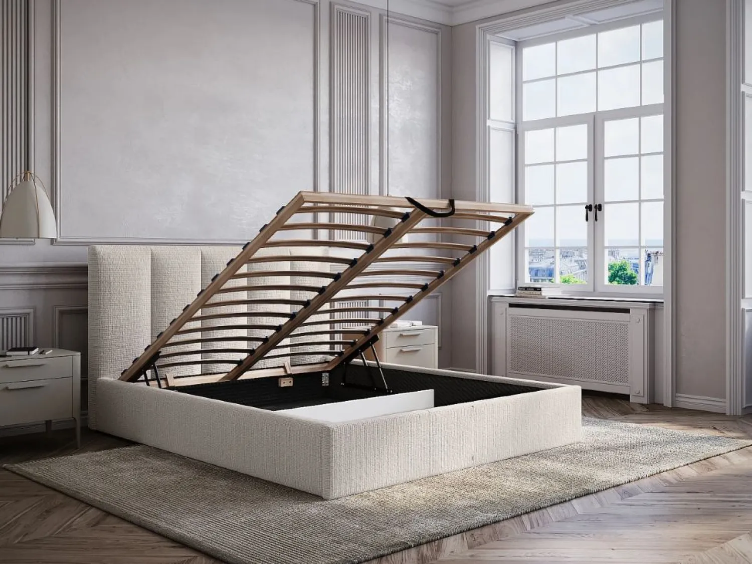 Online Vente-unique Canapé abatible de 180 x 200 cm con cabecero con costuras verticales tela - KILACLO Beige