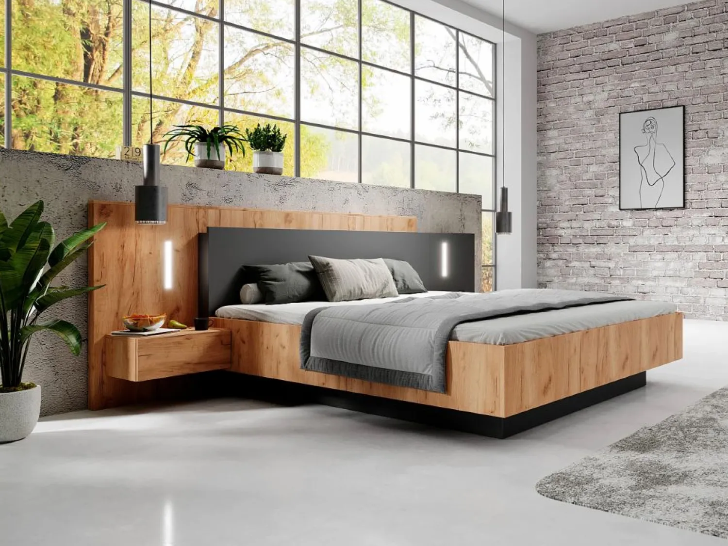 Canapé abatible y mesitas de noche en 160 x 200 cm con luces LEDs natural y antracita - FRANCOLI Cama Con Canapé|Cama Con Almacenaje