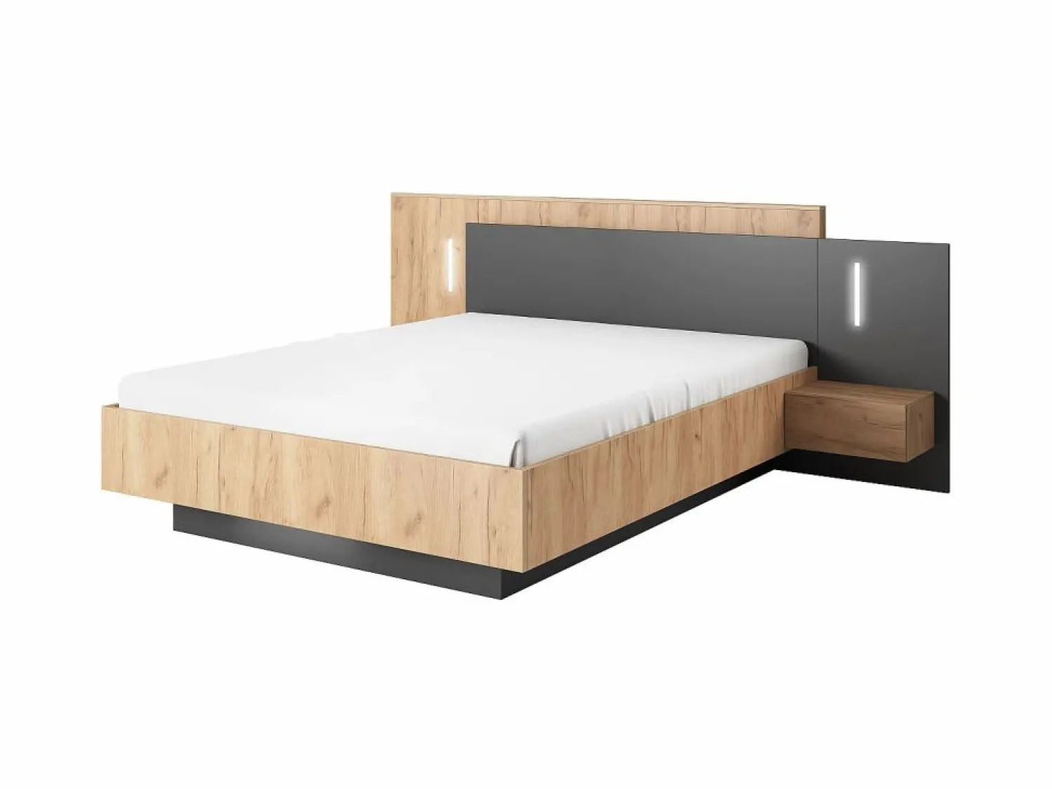 Canapé abatible y mesitas de noche en 160 x 200 cm con luces LEDs natural y antracita - FRANCOLI Cama Con Canapé|Cama Con Almacenaje