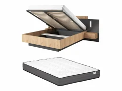 Vente-unique Canapé abatible y mesitas de noche 140 x 190 cm LEDs natural y antracita + Colchón - FRANCOLI