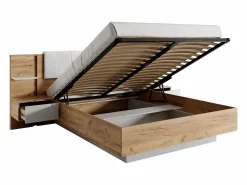 Outlet Canapé abatible y mesitas de noche 160 x 200 cm natural y blanco con LEDs - ELYNIA Cama Con Canapé|Cama Con Almacenaje