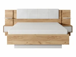Outlet Canapé abatible y mesitas de noche 160 x 200 cm natural y blanco con LEDs - ELYNIA Cama Con Canapé|Cama Con Almacenaje