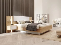 New Canapé abatible y mesitas de noche 160 x 200 cm natural y blanco con LEDs + colchón - ELYNIA Cama Con Canapé|Cama Adulto