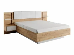 New Canapé abatible y mesitas de noche 160 x 200 cm natural y blanco con LEDs + colchón - ELYNIA Cama Con Canapé|Cama Adulto