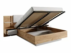 New Canapé abatible y mesitas de noche 160 x 200 cm natural y blanco con LEDs + colchón - ELYNIA Cama Con Canapé|Cama Adulto