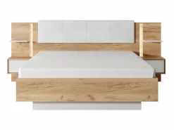 New Canapé abatible y mesitas de noche 160 x 200 cm natural y blanco con LEDs + colchón - ELYNIA Cama Con Canapé|Cama Adulto