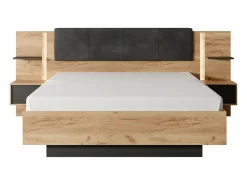 Vente-unique Canapé abatible y mesitas de noche 140 x 190 cm y LEDs en color natural y antracita - ELYNIA