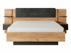 Vente-unique Canapé abatible y mesitas de noche 160 x 200 cm natural y antracita con LEDs - ELYNIA
