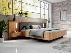 Online Vente-unique Canapé abatible y mesitas de noche 160 x 200 cm con LEDs natural y antracita + colchón - FRANCOLI Gris antracita / Color natural claro
