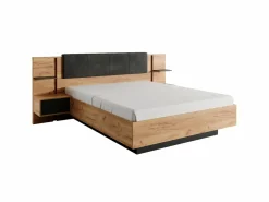 Vente-unique Canapé abatible y mesitas de noche 160 x 200 cm natural y antracita con luces LEDs + colchón - ELYNIA