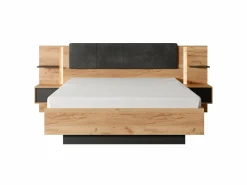 Vente-unique Canapé abatible y mesitas de noche 160 x 200 cm natural y antracita con luces LEDs + colchón - ELYNIA