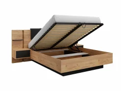 Vente-unique Canapé abatible y mesitas de noche 160 x 200 cm natural y antracita con luces LEDs + colchón - ELYNIA