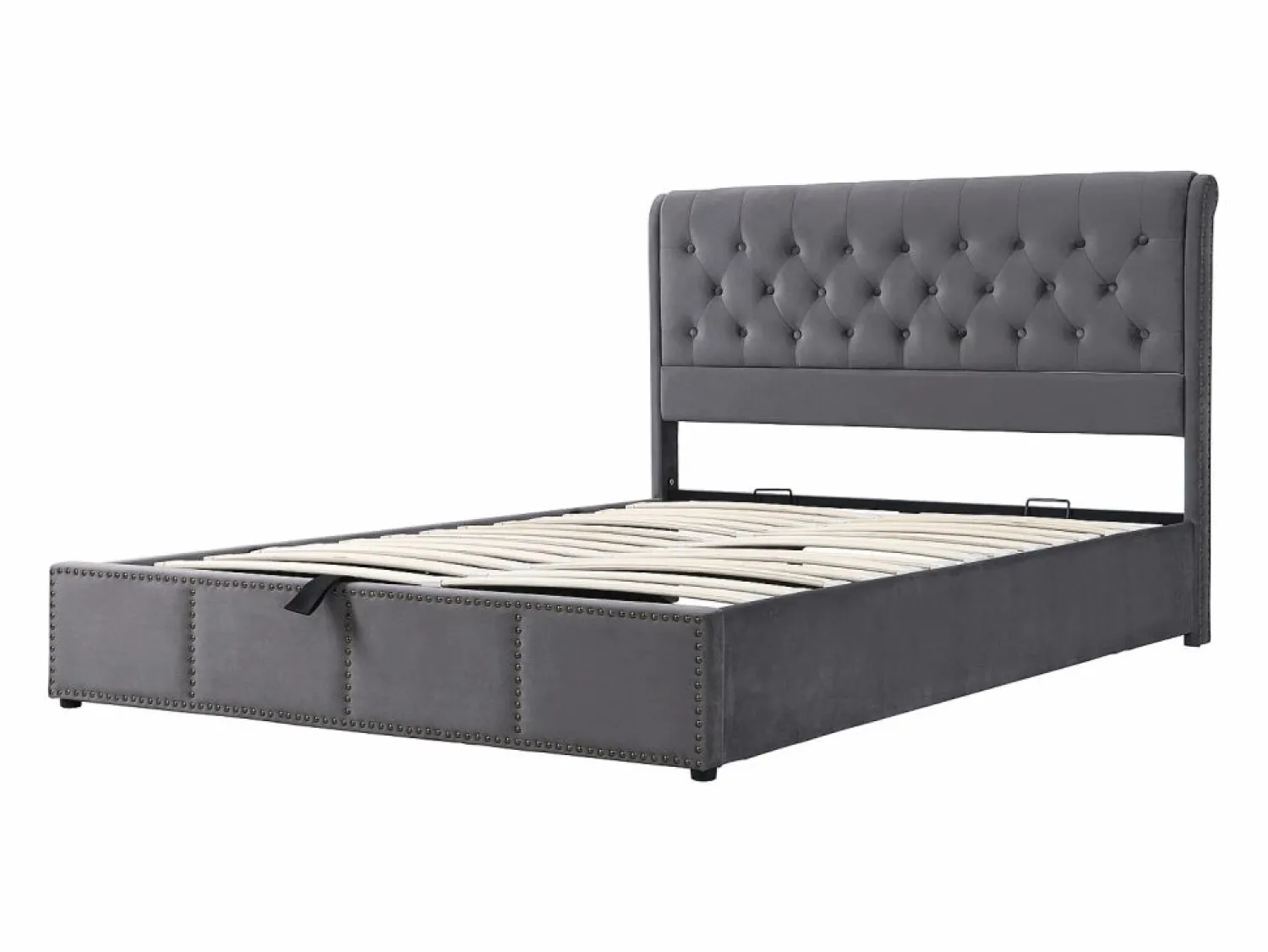 OKWISH Canapé acolchado con palanca hidráulica 180x200 cm terciopelo - Gris oscuro (sin colchón)