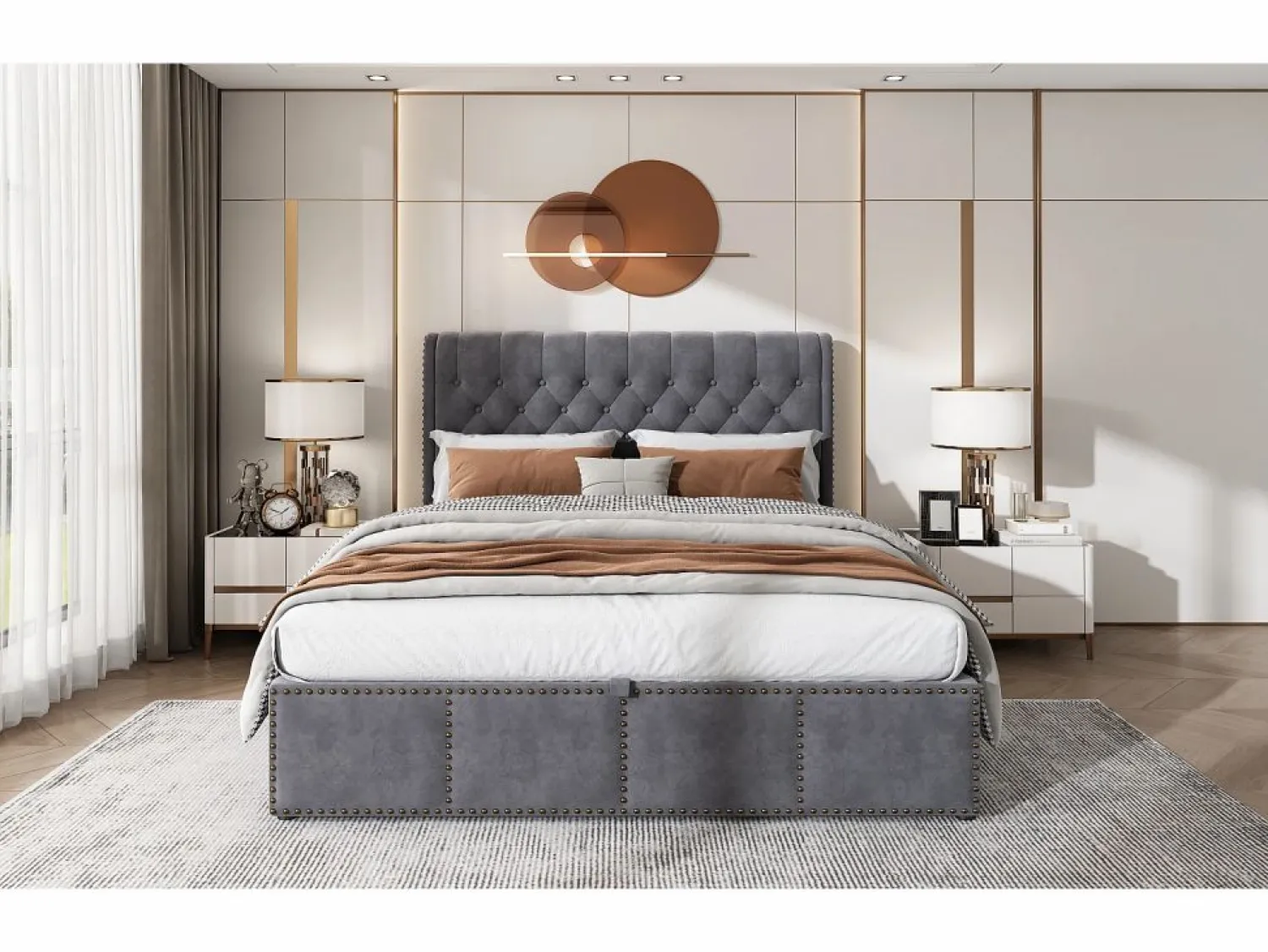 OKWISH Canapé acolchado con palanca hidráulica 180x200 cm terciopelo - Gris oscuro (sin colchón)