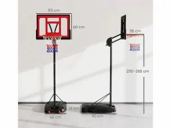 Canasta de baloncesto ajustable para niños, altura regulable de 200 a 260 cm, con ruedas y base con peso, de plástico, color (83 x 2 x 310 cm)